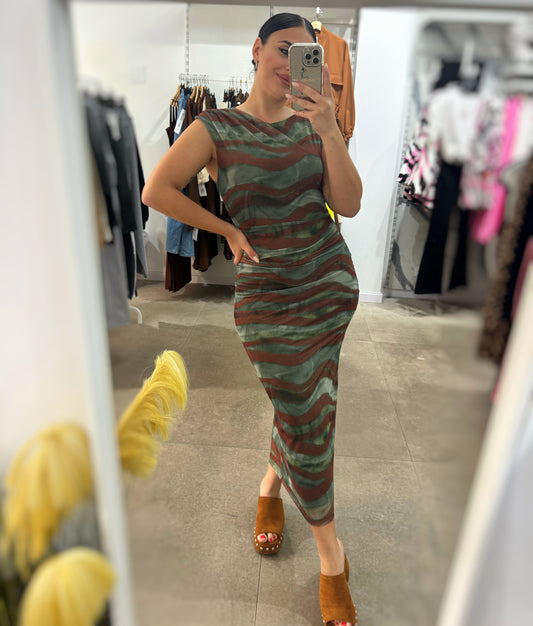 Vestido Tull Cebra Verde y Camel