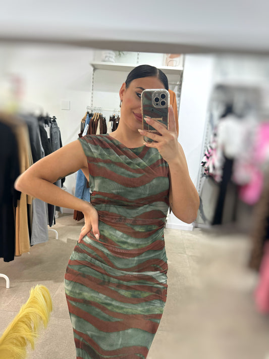 Vestido Tull Cebra Verde y Camel